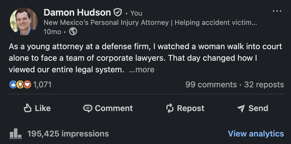 Damon Hudson LinkedIn post — 195,425 impressions
