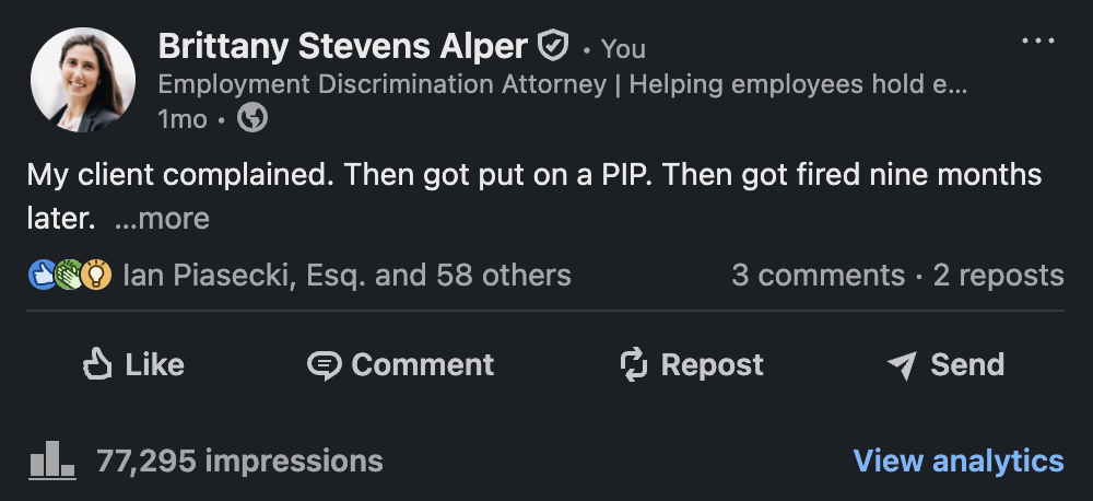 Brittany Stevens Alper LinkedIn post — 77,295 impressions