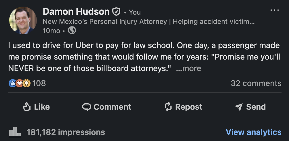 Damon Hudson LinkedIn post — 181,182 impressions